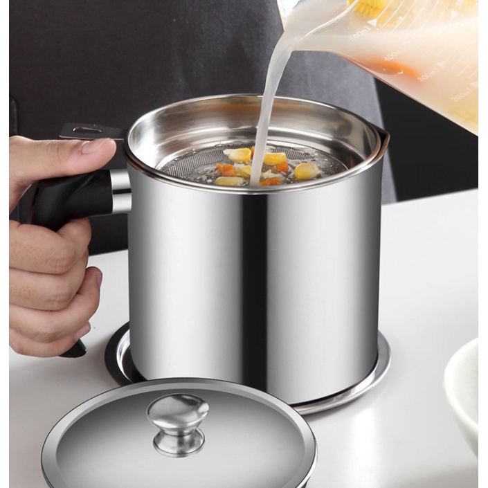 Ca Lọc Cặn Dầu Inox 304 13x16cm Xịn Có Nắp Đậy Và Tay Cầm Chống Nóng