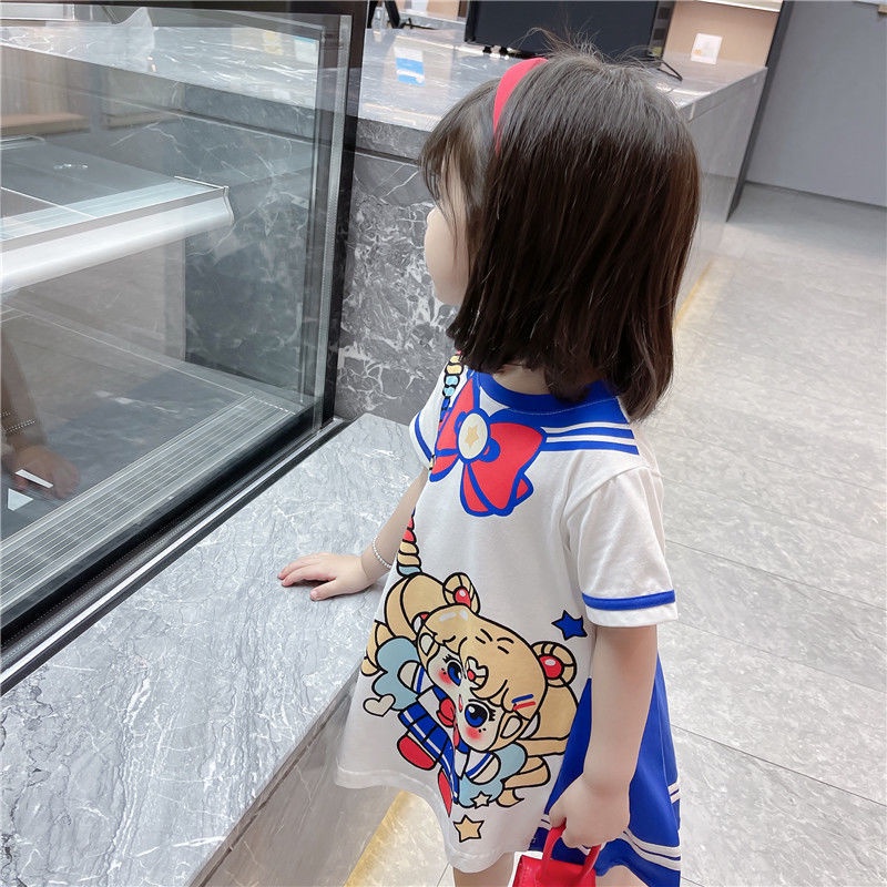 Đầm ngắn tay in hình hoạt hình phong cách Hàn Quốc thời trang hè dễ thương cho nữ