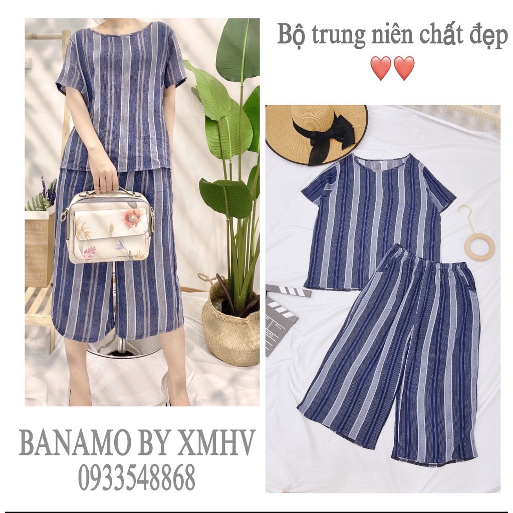 Bộ quần áo trung niên kẻ dọc xanh chất đẹp thời trang Banamo Fashion 194
