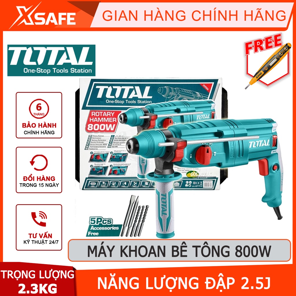 Máy khoan đục TOTAL TH308268 800W Máy khoan bê tông kèm 3 mũi khoan bê tông, 2 mũi đục - chính hãng [XSAFE]
