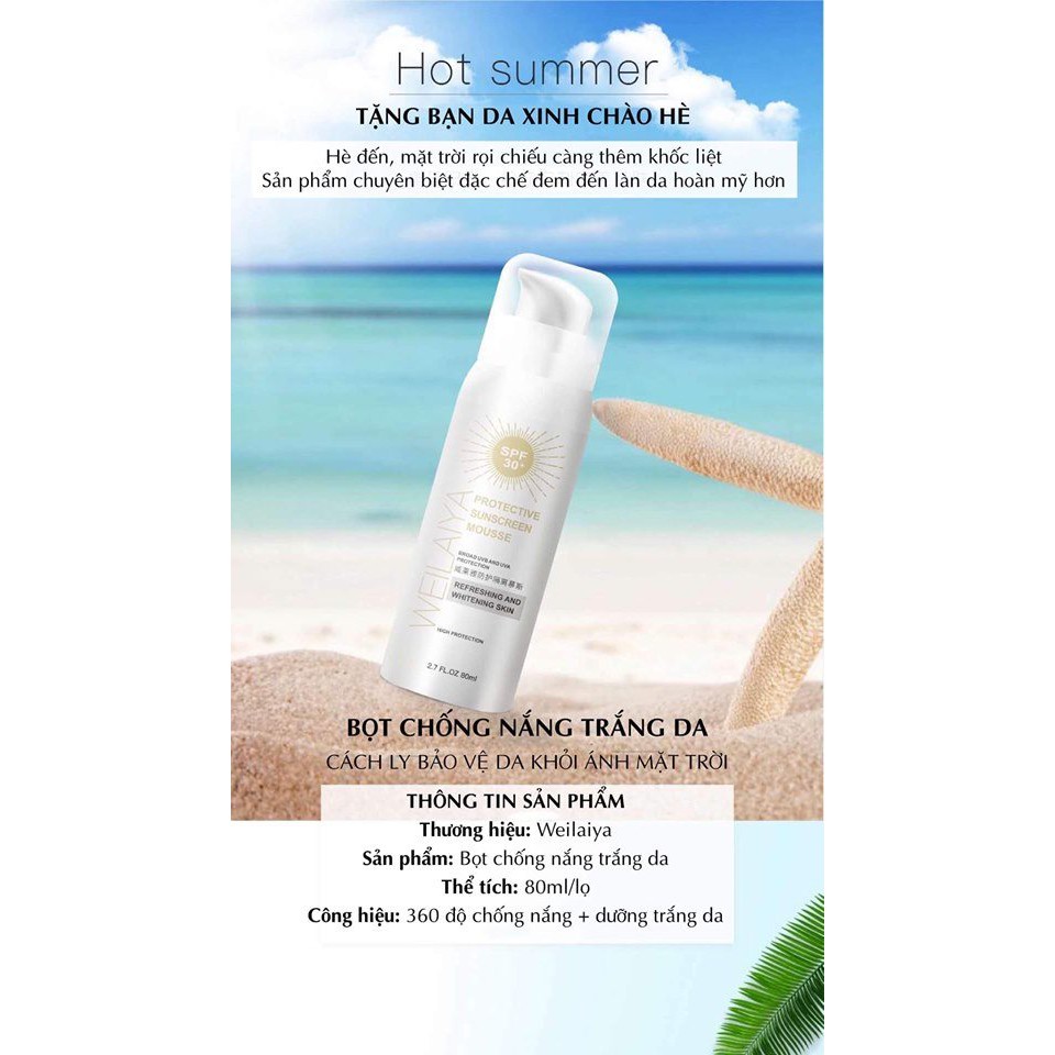 Bọt chống nắng trắng da Weilaiya giúp da căng bóng nâng tông trắng mượt 80ml spf 30+ PA+++ | BigBuy360 - bigbuy360.vn