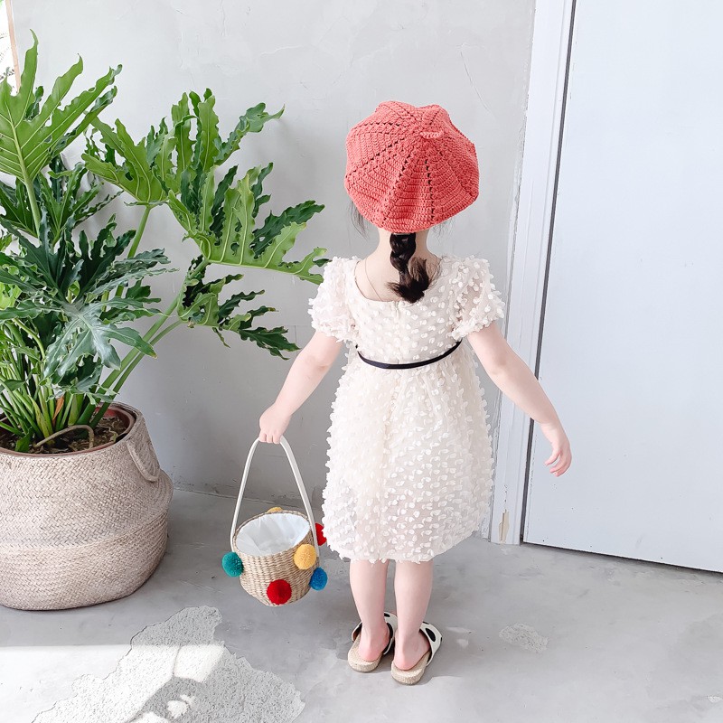 Váy đầm bé gái công chúa hạt bông màu kem