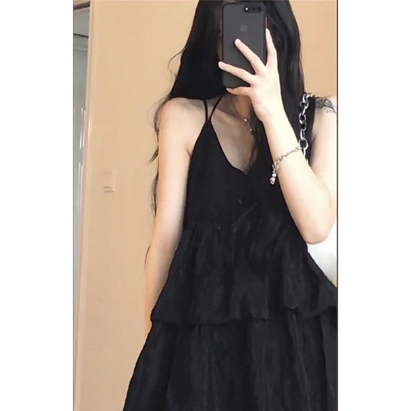 Đầm Hai Dây Dáng Chữ a Eo Cao Cổ Chữ v Phối Bèo Và Chân Váy Chữ a Eo Cao Phong Cách Hàn Quốc Dành Cho Nữ