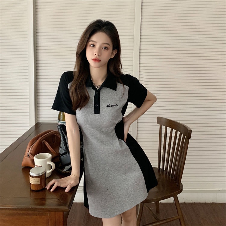 Đầm Cổ polo Tay Ngắn Dáng Ôm Màu Sắc Tương Phản Phong Cách Hàn Quốc Thời Trang Cho Nữ
