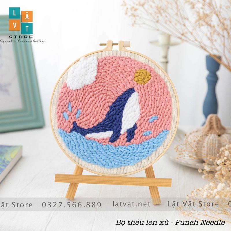 Bộ Thêu Len Xù Cá Voi Xanh DIY Punch Needle Whale, có hướng dẫn