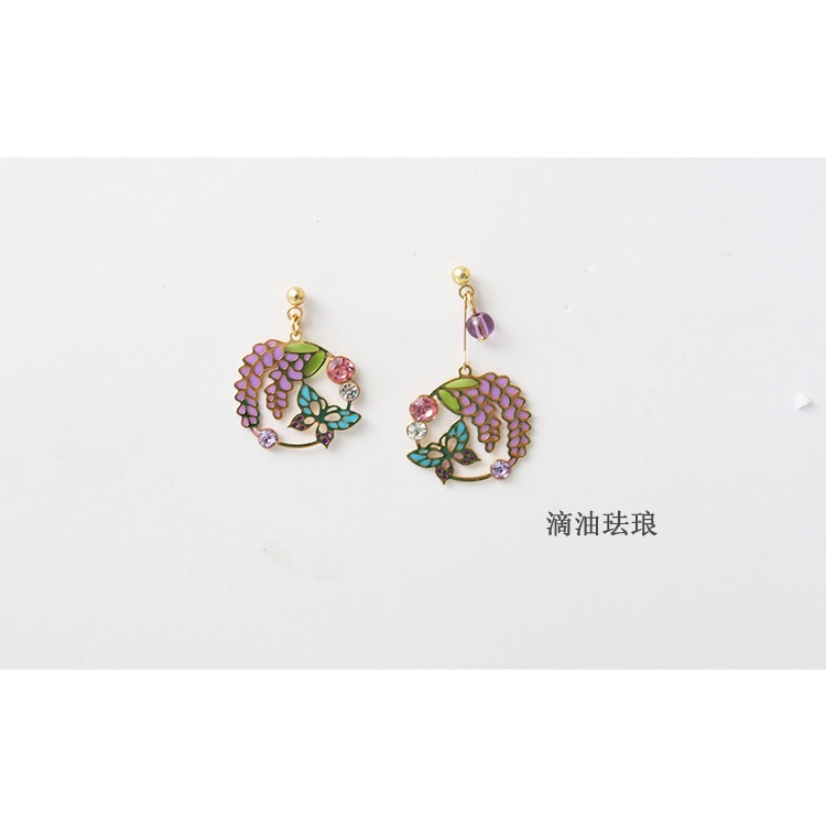 [Hàng Mới Về] Bông Tai Kẹp Không Đối Xứng Hình Bướm Tráng Men Nhựa Resin Không Đều Thời Trang Xuân Hè