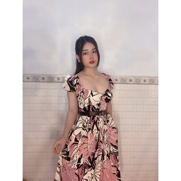 Đầm xoè xếp li cúp ngực cánh tiên có túi hai bên hoạ tiết hoa nhiều màu ảnh thật chính chủ