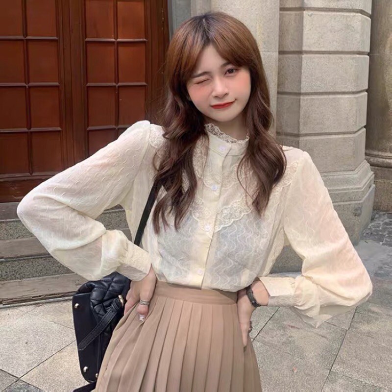 (Sẵn váy yếm đen M) Set blazer ngắn + váy yếm + áo sơ mi be phối ren ulzzang Hàn Quốc [Yannie] | BigBuy360 - bigbuy360.vn