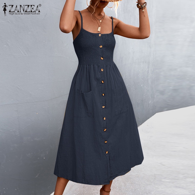 Đầm midi ZANZEA hai dây cổ vuông cài nút thời trang dành cho nữ