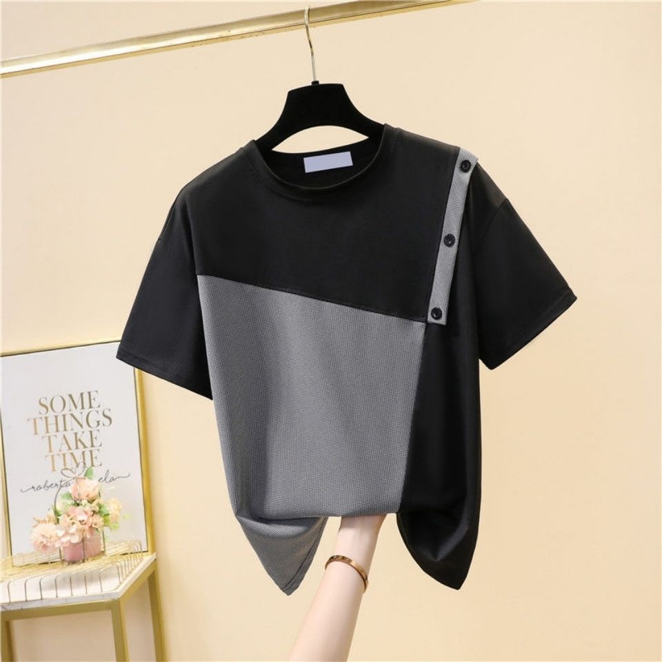 Áo Thun Đen Tay Ngắn Dáng Rộng Chất Liệu Polyester Thời Trang Mùa Hè Phong Cách Hàn Quốc Cho Nữ