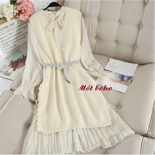 Sét len 3 món (váy+áo gile dài+belt)