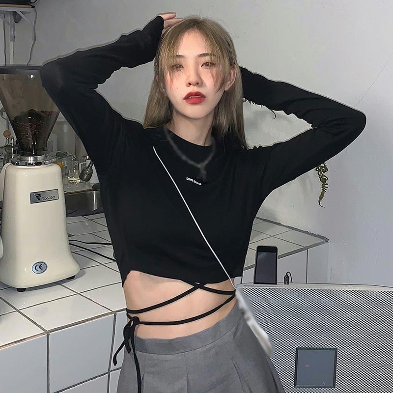 Áo thun croptop tay dài cổ tròn màu sắc đơn giản phong cách Hàn Quốc cho nữ