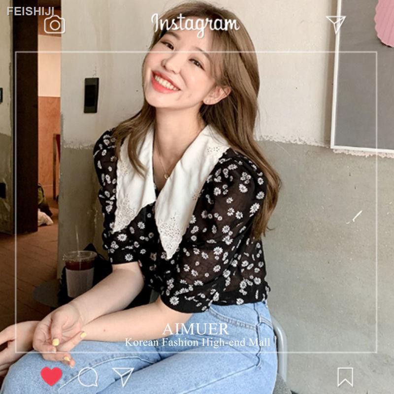 THANH LÝ MỚI áo sơ mi chiffon tay phồng hoa nhí đen cổ peter pan dài