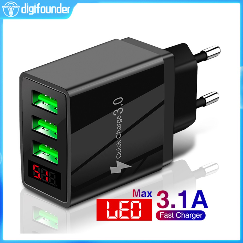 Củ sạc nhanh hỗ trợ QC3.0 gồm 3 cổng cắm sạc USB và màn hình LED hiển thị điện áp DG Bộ sạc dự phòng