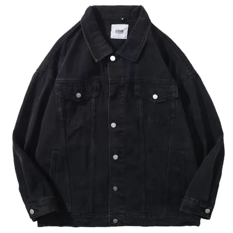 Áo khoác jean nam màu đen có túi trước ngực cài cúc chất denim dáng suông thời trang thu đông