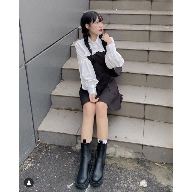 (CLIP THẬT) Đầm 2 dây phối áo croptop sơ mi tay bồng | BigBuy360 - bigbuy360.vn