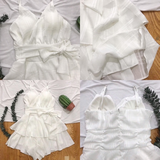 Luxry Jumsuit trắng hai dây cột nơ eo- jum xoè nhẹ có mút ngực ( kèm ảnh trải sàn)