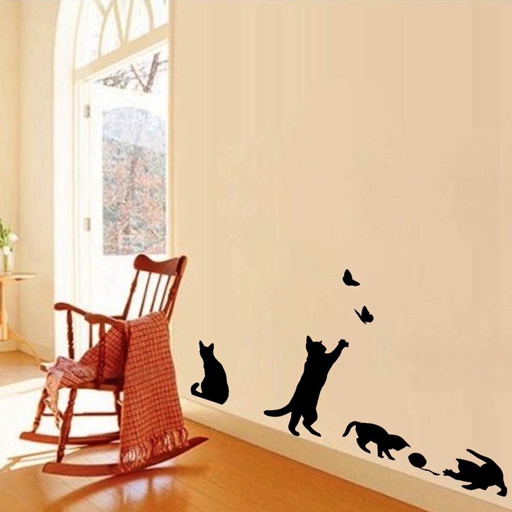 Nhãn dán tường hình mèo vui chơi màu đen dễ thương cho nhà bếp/phòng khách