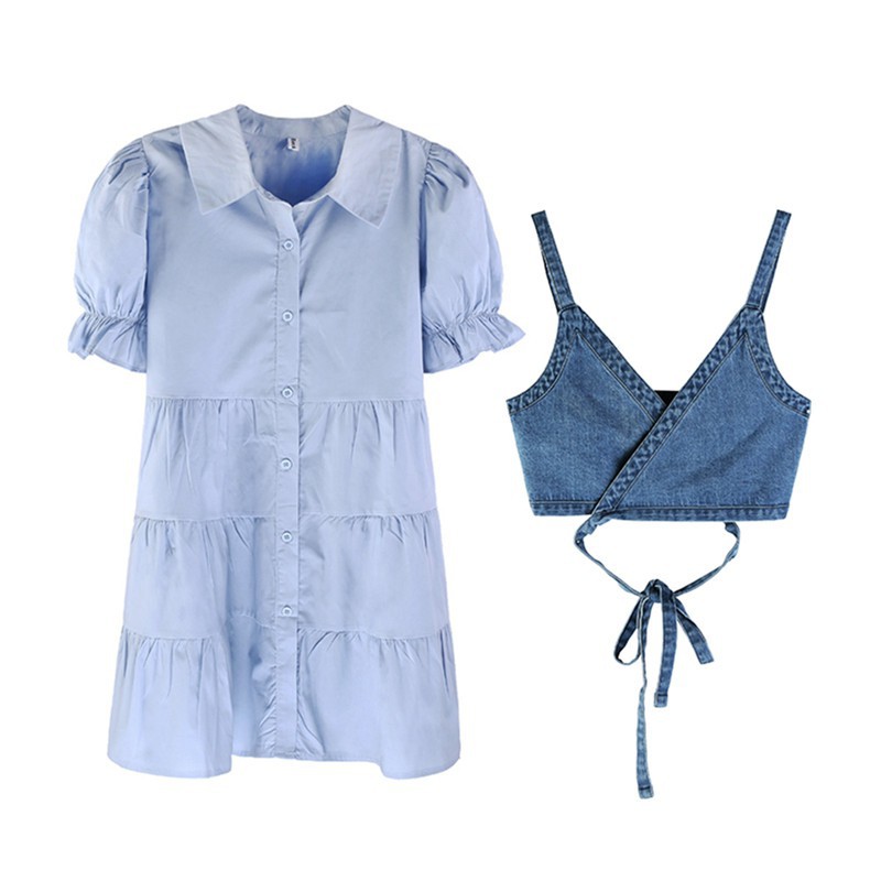 Xiaozhainv Đầm tay phồng/Áo hai dây vải denim kiểu retro xinh xắn cho bạn gái | BigBuy360 - bigbuy360.vn