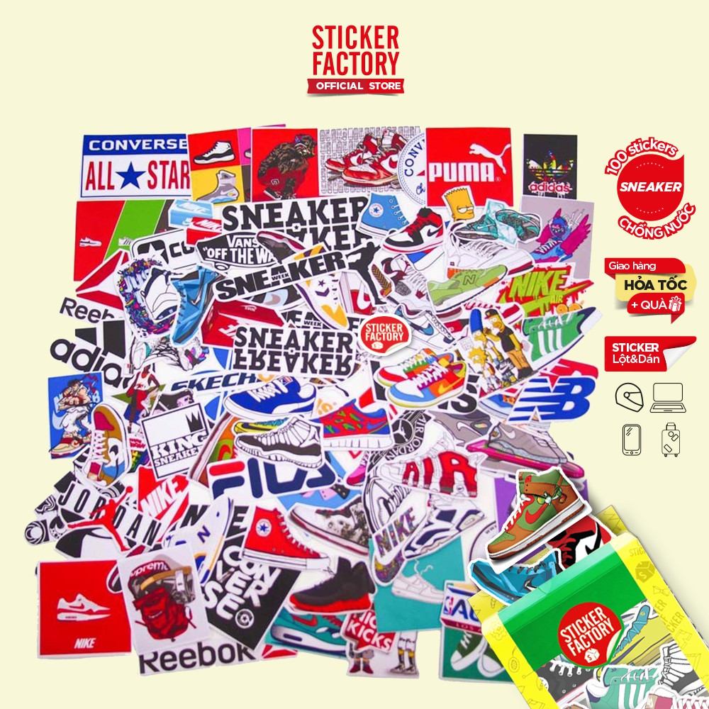 Sneaker - hộp set 100 sticker decal hình dán nón bảo hiểm , laptop, xe máy, ô tô - STICKER FACTORY