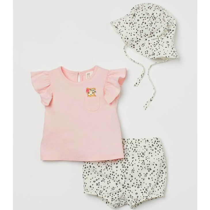 Bộ cộc tay bé gái - Set bộ kèm mũ mèo hồng HM cho bé gái size 1-6t