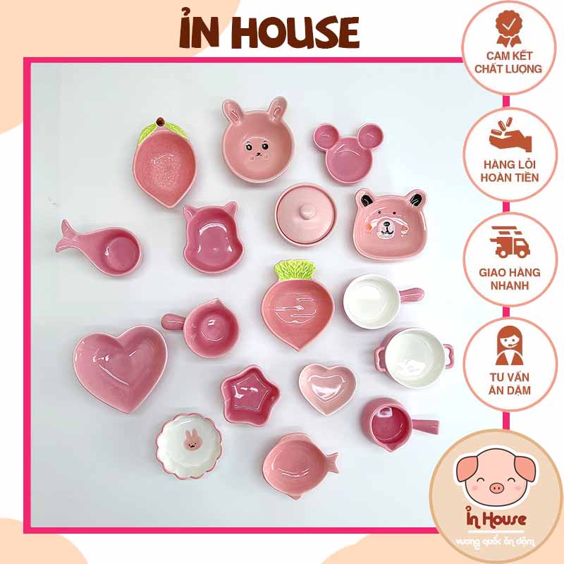 Chén Bát Sứ Ăn Dặm ComBo MÀU HỒNG Cao Cấp Hình Thú, Hoa Quả Cho Bé