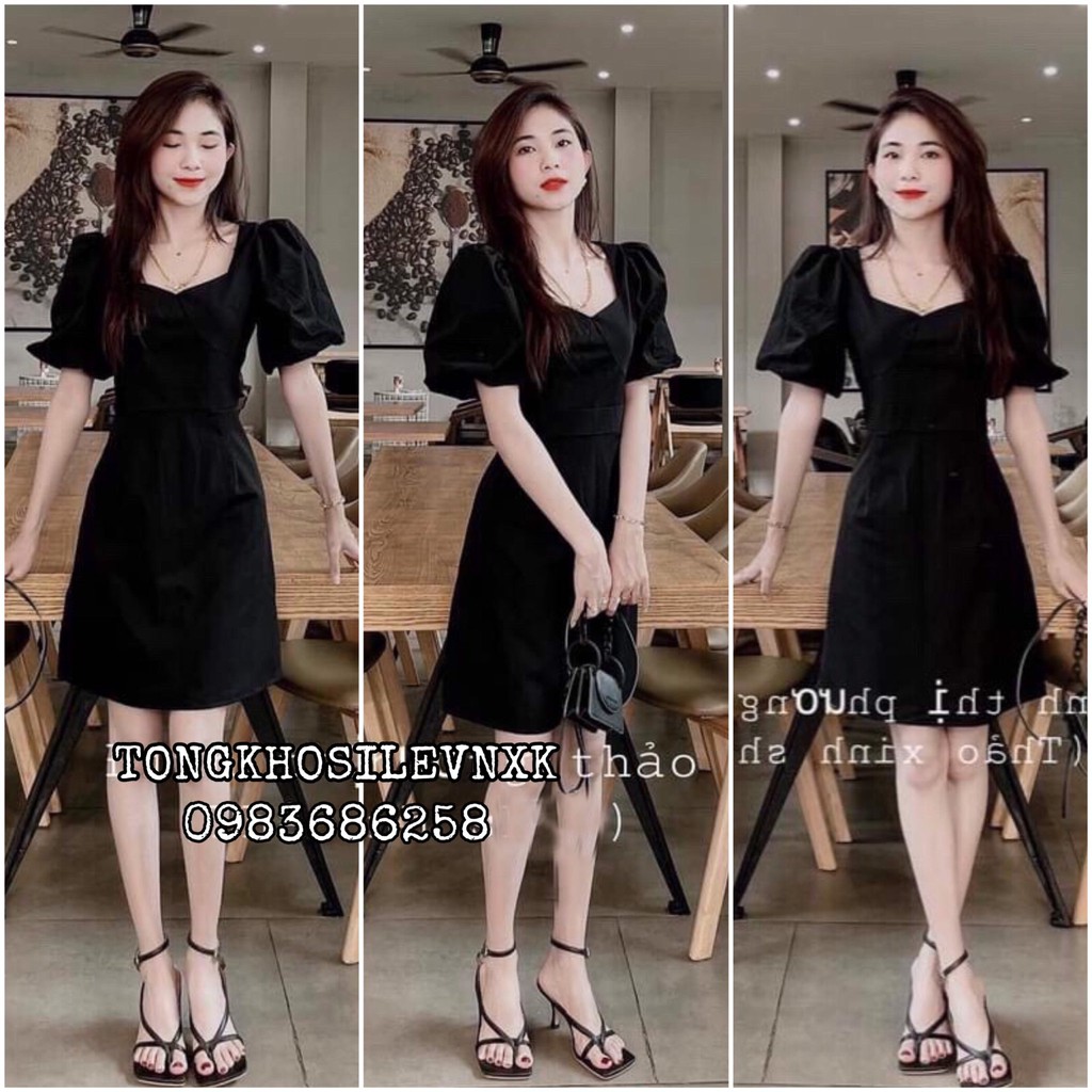 VÁY NỮ DÁNG NGẮN CỔ VUÔNG TAY BỒNG ĐEN DÁNG XÒE TIỂU THƯ - ĐẦM ĐEN TAY LỠ CHỮ A KHÓA KÉO ULZZANG