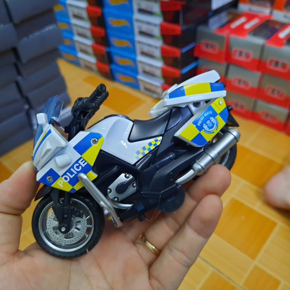 Xe mô tô cảnh sát đồ chơi trẻ em bằng hợp kim và nhựa xe chạy cót có âm thanh và đèn sáng mô hình tỉ lệ 1:14