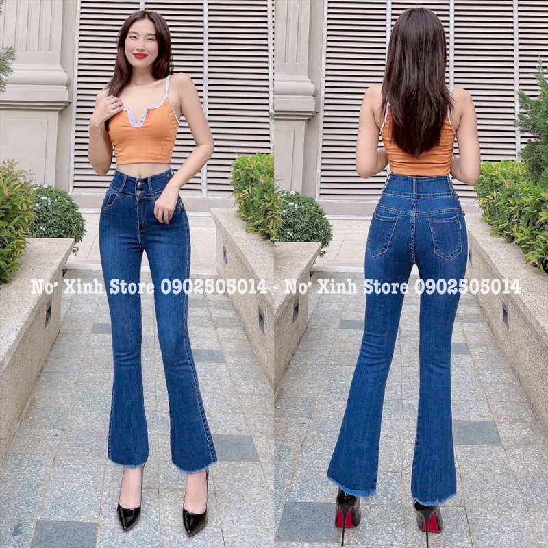 Quần jean ống loe 9 tấc lưng cao, quần bò nữ ống loe cạp cao dáng lửng màu xanh