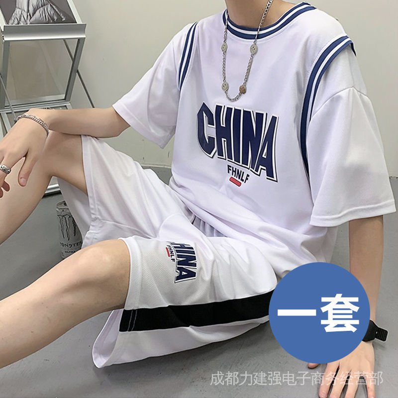 Bộ Đồ Thể Thao Mùa Hè Áo Thun Giả Hai Mảnh Áo Thun + Quần Ngắn Phong Cách Bóng Rổ Hàng Mới Dành Cho Nam 2022