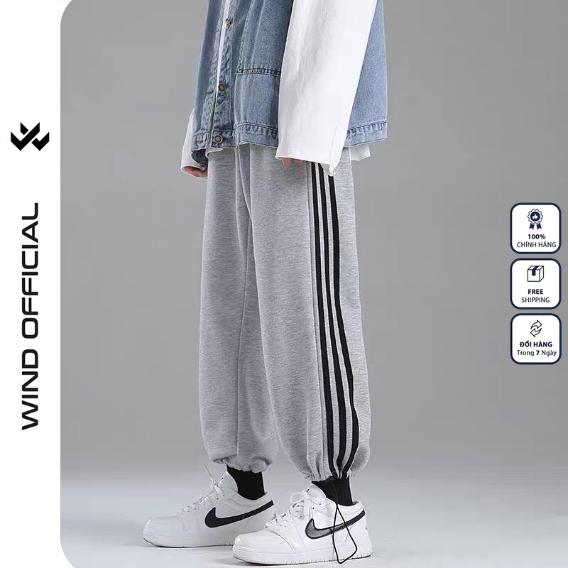 Quần jogger ống rộng WIND unisex dây rút bo chun  3 LINE overszie nam nữ ulzzang