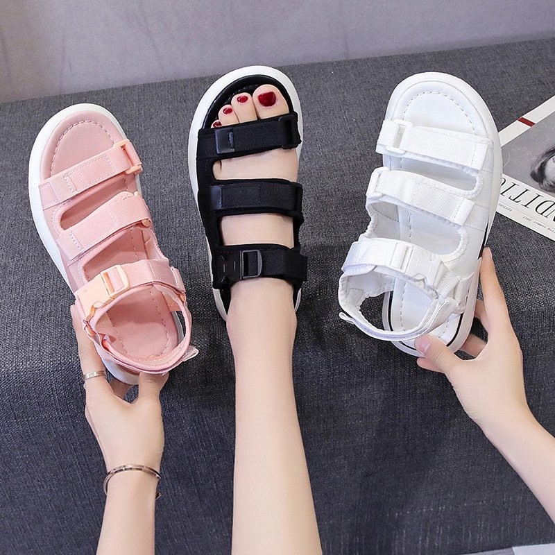 Sandal nữ quai ngang hàn quốc 3 quai dán có quai hậu sau điều chỉnh đế bánh mì êm mềm đi học đi chơi đi làm đều được