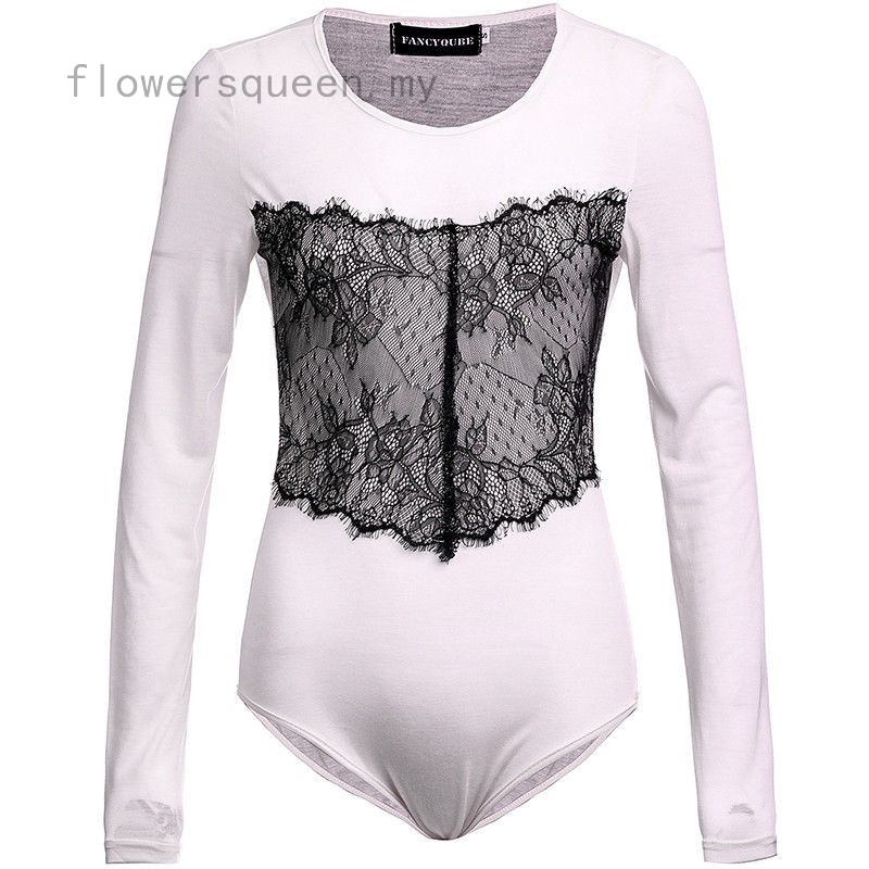 flowersqueen Jumpsuit tay dài phối ren hoa thiết kế quyến rũ cho phái nữ