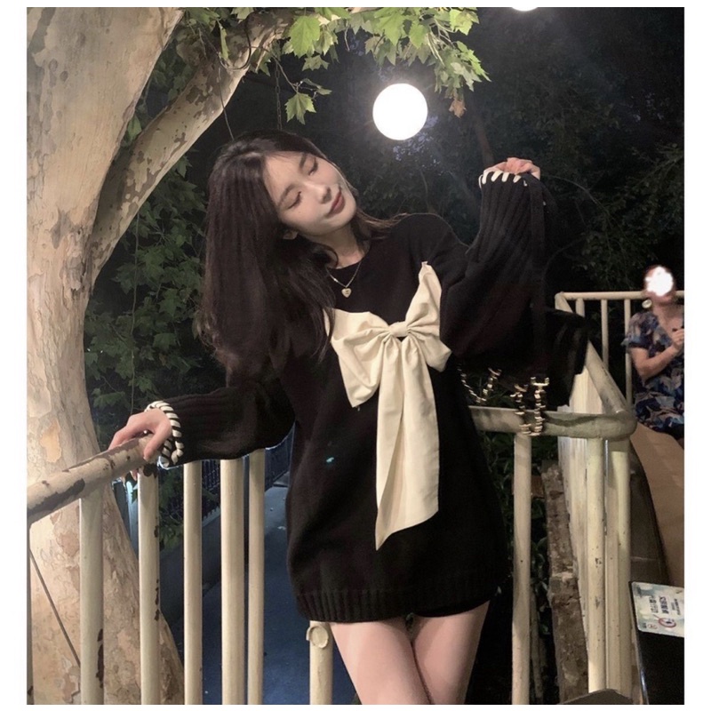 Áo Len Dệt Kim Dáng Rộng Đính Nơ Thời Trang