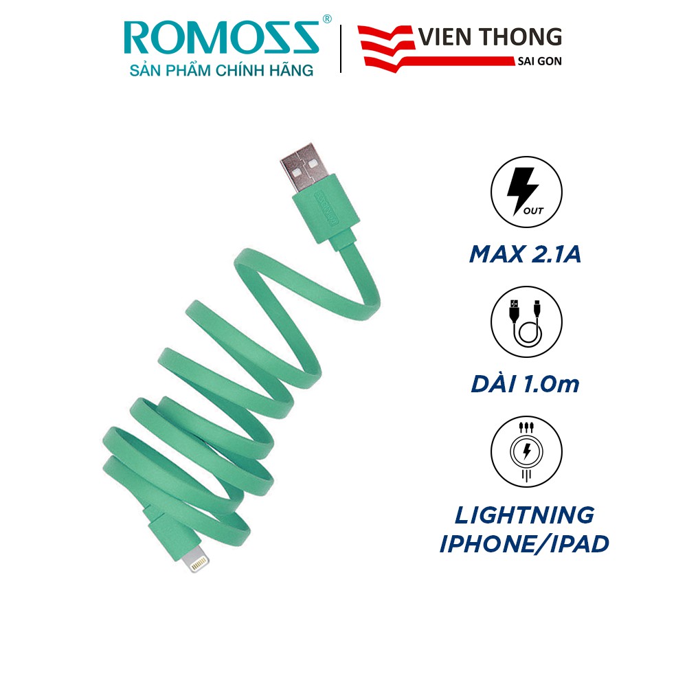 Cáp sạc nhanh lightning Romoss CB12f chống rối 1m/Sạc nhanh 2A cho iPhone/iPad (Gre) - Hãng phân phối chính thức