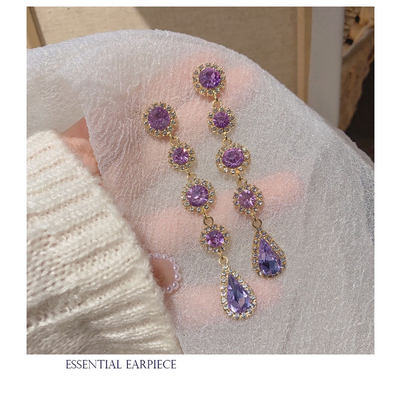 Hoa Tai Dáng Dài Hình Giọt Nước Đính Đá Zircon Màu Tím Thời Trang Cho Nữ