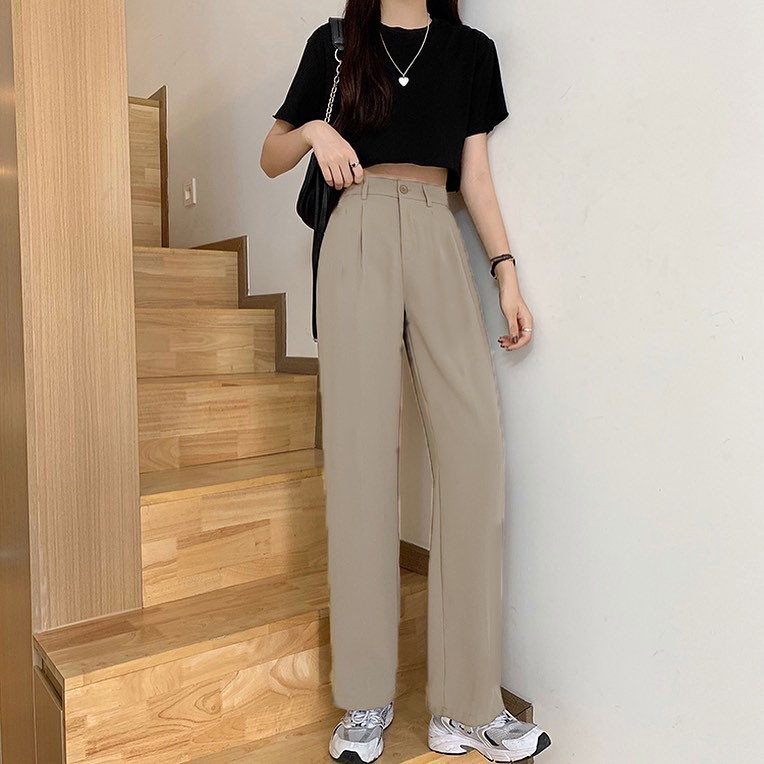 Quần tây ống rộng nữ lưng cao màu Nâu Tây - Quần ống suông mẫu mới chất vải MANGO Mềm - Mỏng - Suông cao cấp | SchoolF | BigBuy360 - bigbuy360.vn