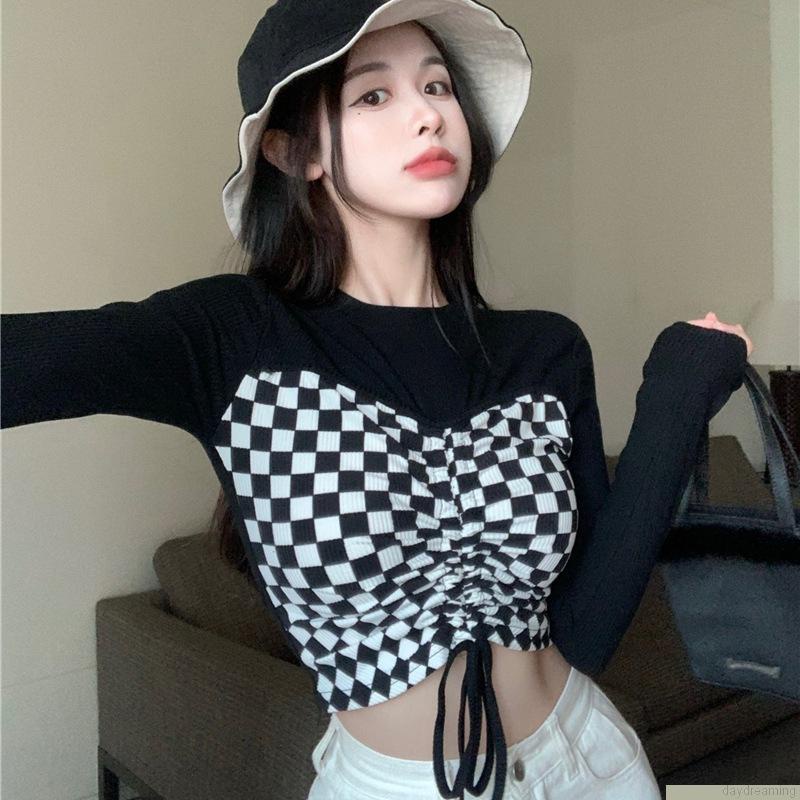 Áo croptop dệt kim tay dài dáng ôm phối dây rút trước họa tiết kẻ sọc thời trang mùa thu quyến rũ cho nữ