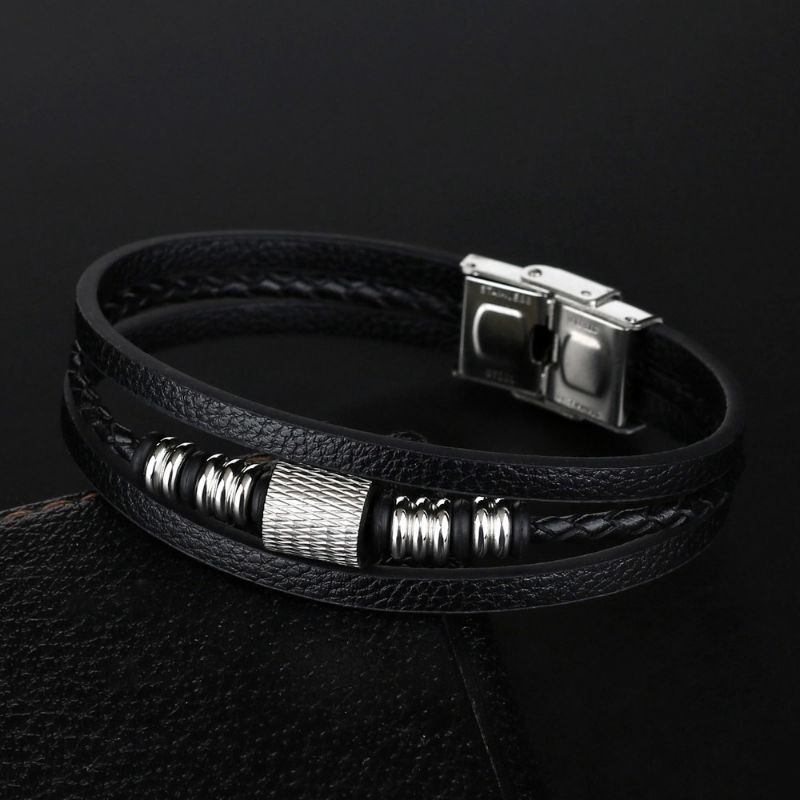 vòng tay da mặt titan nhiều lớp phong cách vintage