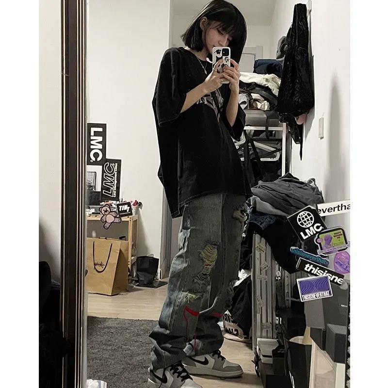 Quần jean dài phối rách phong cách hip hop đường phố thời trang retro cho nữ