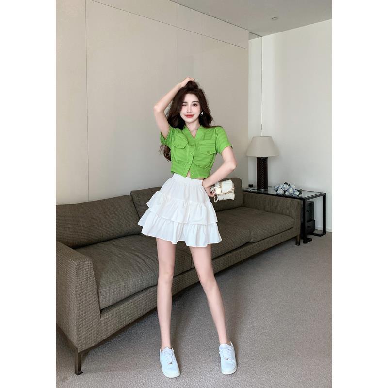 Jiashucheng Bộ Áo Tay Phồng Cổ Chữ V Trễ Vai + Chân Váy Xếp Tầng Lưng Cao Thời Trang Cho Nữ