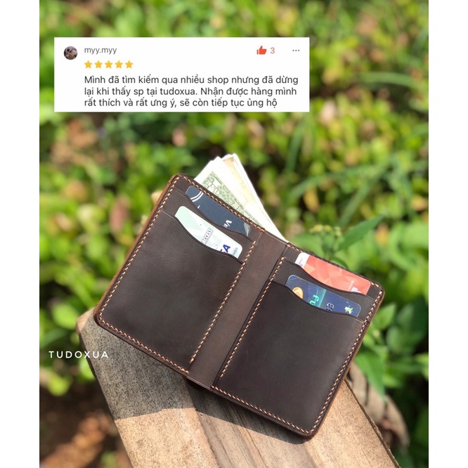 Ví da đứng khắc tên TUDOXUA MNS004 chất liệu da bò thật, tặng kèm móc khóa da