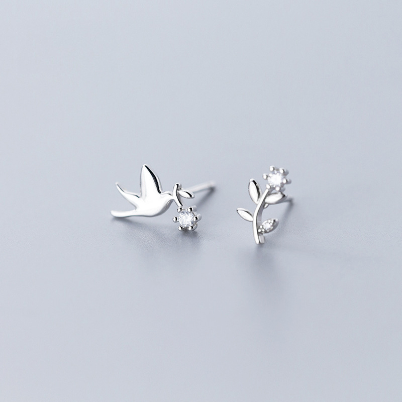 Bông Tai Bạc Fashion CZ Sweet Lovely Birds Peace Dove Silver Animal Stud Earring for Women Jewelry Gifts