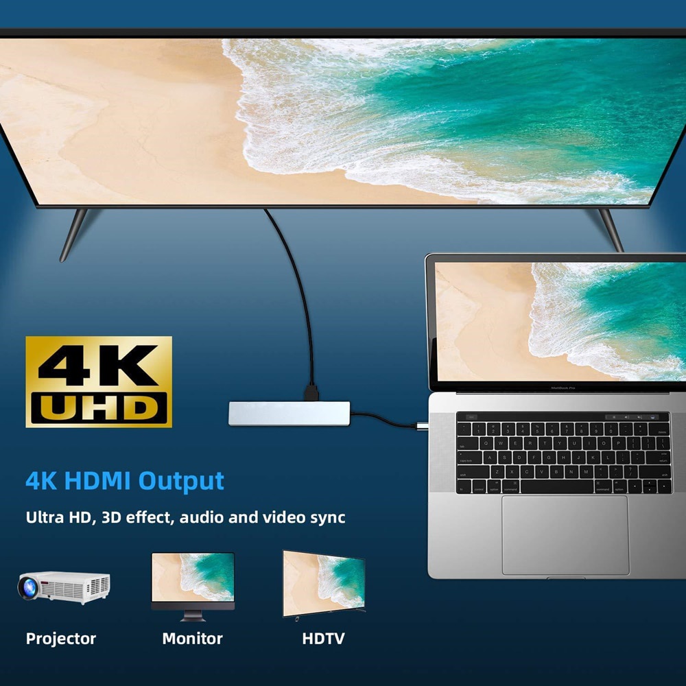 Đầu đọc thẻ nhớ USB C 3.1 sang 4K HDMI RJ45 USB SD/TF tốc độ nhanh 8 trong 1 cho MacBook Air Pro