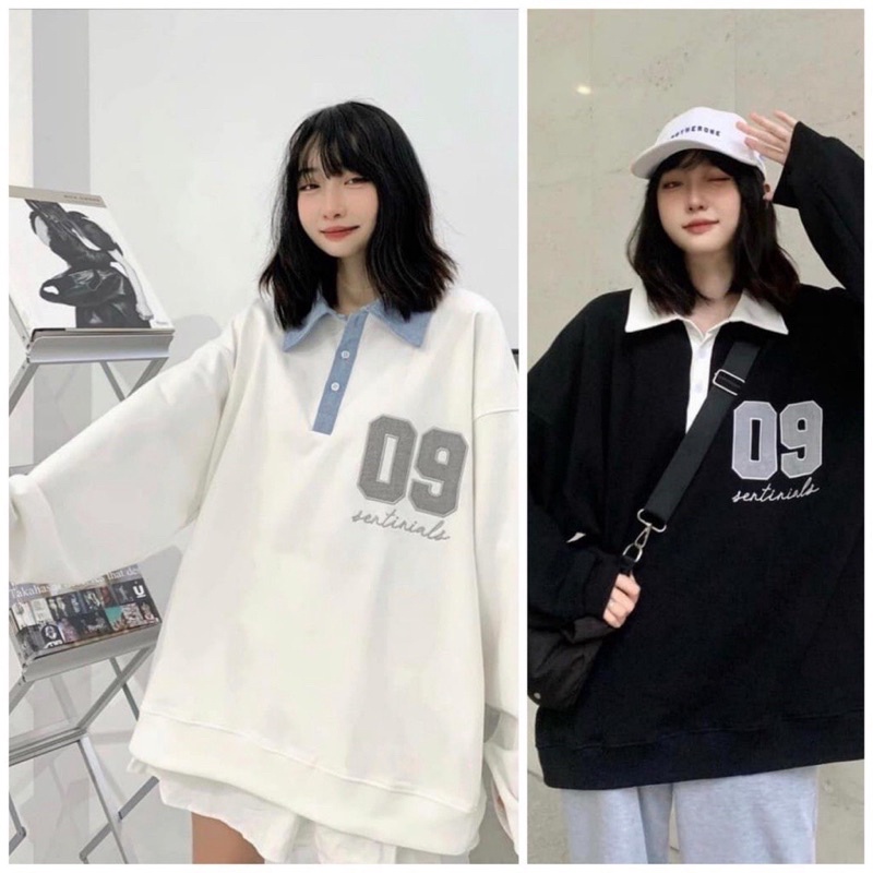 [ẢNH THẬT] Áo Sweater Polo Tay Dài Số 09 Unisex Dáng Rộng, Áo Polo Dài Tay Nỉ Bông 2 Màu Đen Trắng VaTi