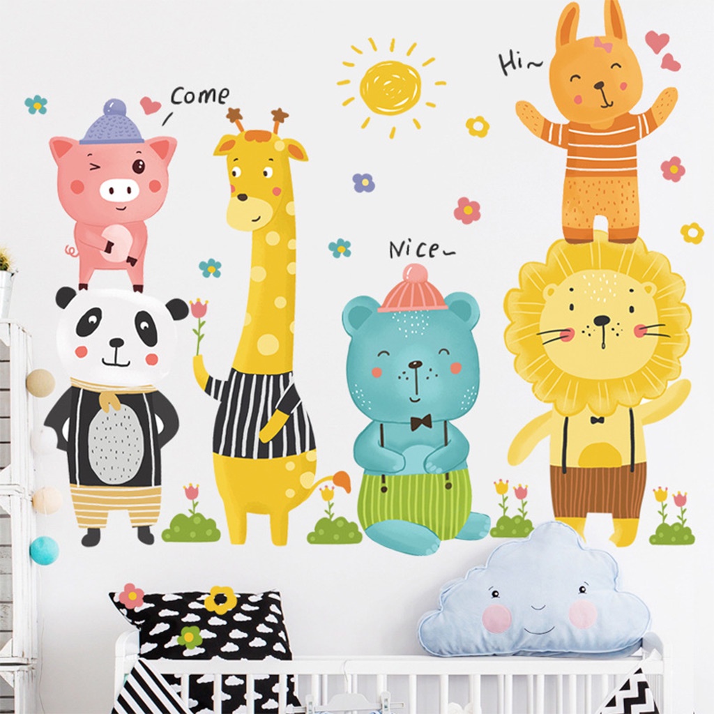 Decal dán tường cho bé trai bé gái học các con vật ngộ nghĩnh trang trí phòng bé, sticker dán tường động vật cho bé