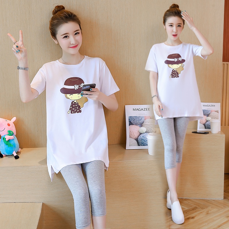 Áo thun tay ngắn và quần lửng cotton nguyên chất 2022 cho mẹ bầu
