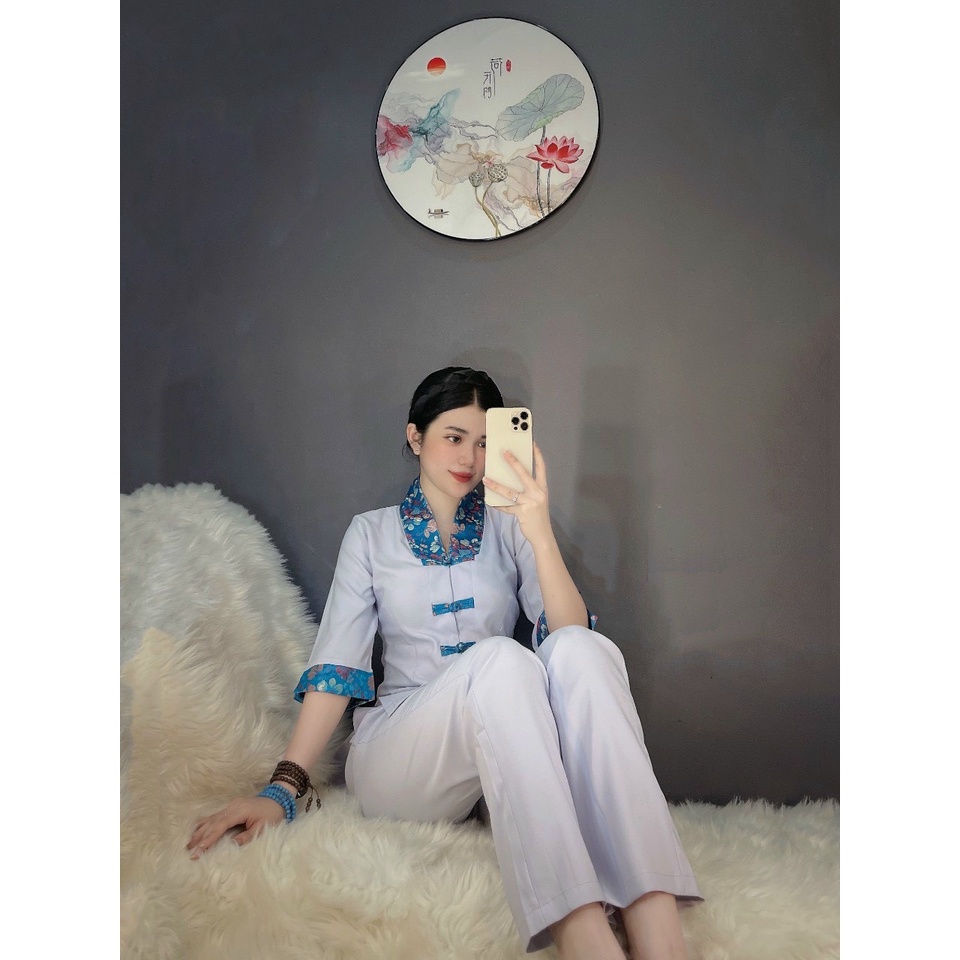 ĐỒ LAM ĐI CHÙA thiết kế #mẫu la hán nữ cách tân vải đũi Hàn dày dặn phối gấm # set phật tử quần áo đi chùa cao cấp  B36