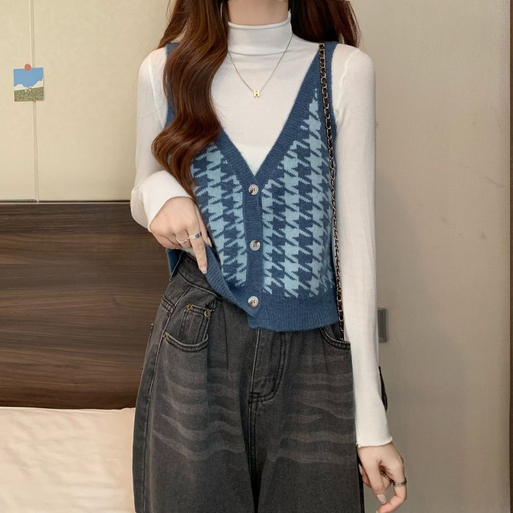 Áo Sweater Dệt Kim Không Tay Màu Sắc Tương Phản Phong Cách Hàn Quốc Cho Nữ