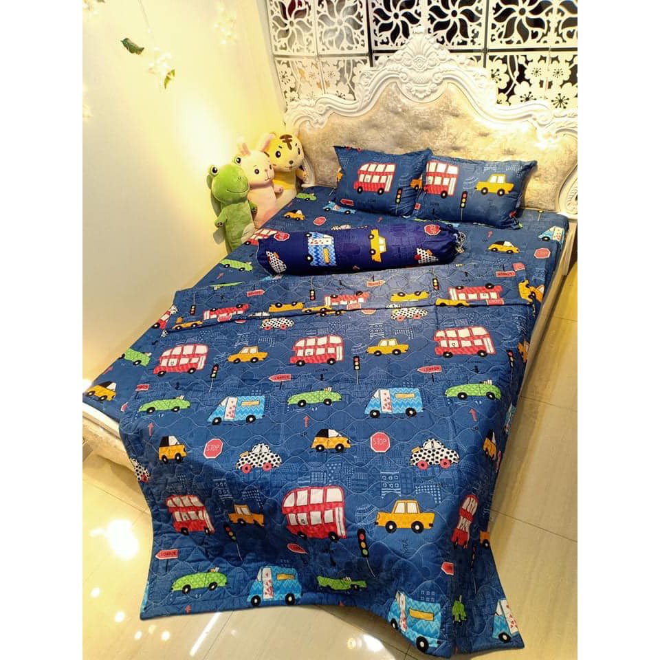 Vỏ gối ôm cotton poly 35x100cm mẫu-ô tô xanh